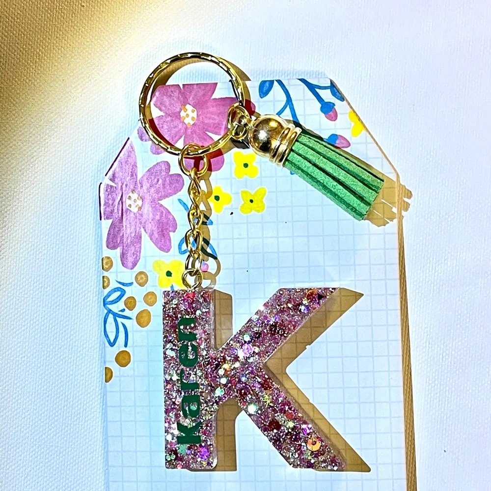 Karen letter K glitter‎ resin keychain